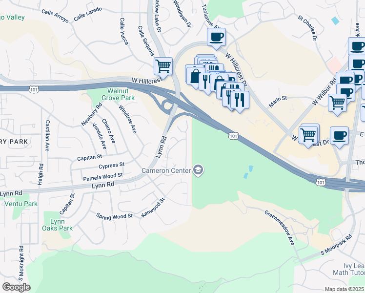 map of restaurants, bars, coffee shops, grocery stores, and more near 357 Cherry Hills Court in Thousand Oaks
