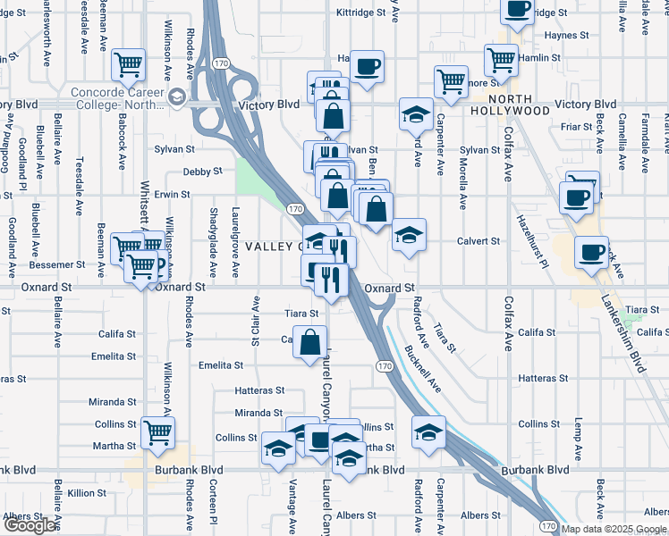 map of restaurants, bars, coffee shops, grocery stores, and more near 6041 Laurel Canyon Boulevard in Los Angeles