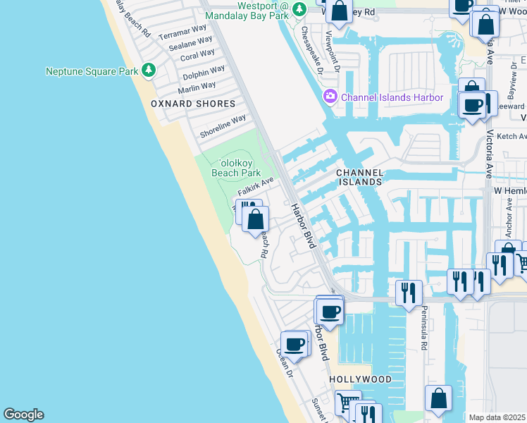 map of restaurants, bars, coffee shops, grocery stores, and more near 1984 San Tropez Circle in Oxnard