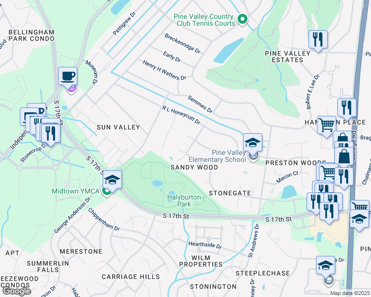 map of restaurants, bars, coffee shops, grocery stores, and more near 307 Haig Drive in Wilmington
