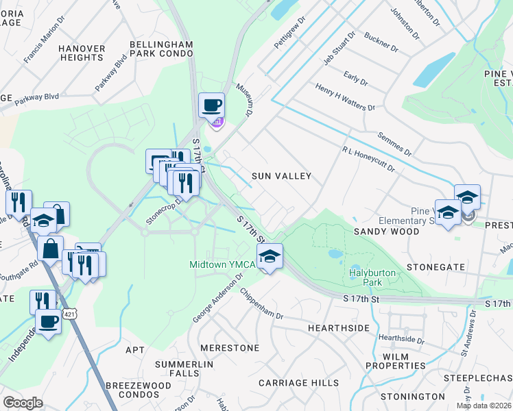 map of restaurants, bars, coffee shops, grocery stores, and more near 1402 Admiral Way in Wilmington