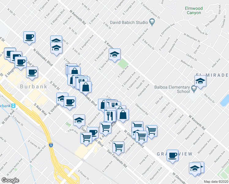 map of restaurants, bars, coffee shops, grocery stores, and more near 535 East Elmwood Avenue in Burbank
