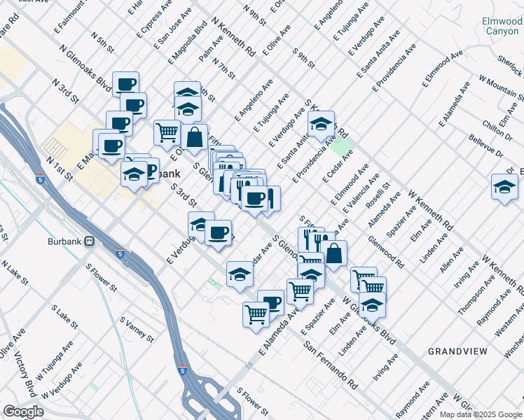 map of restaurants, bars, coffee shops, grocery stores, and more near 461 East Providencia Avenue in Burbank