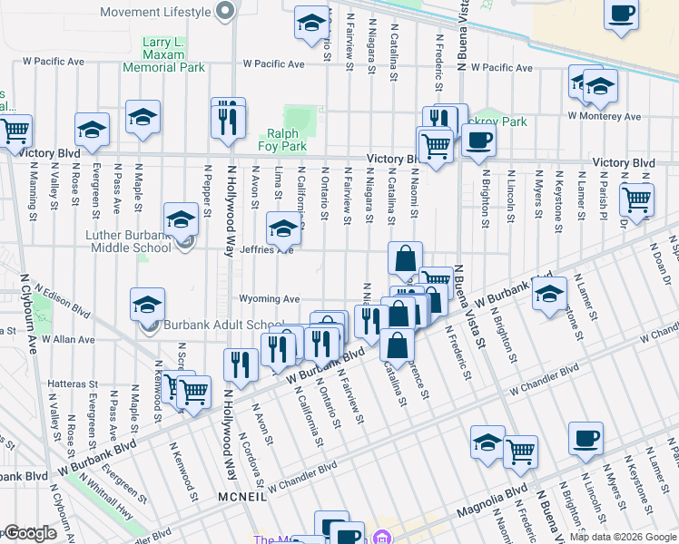 map of restaurants, bars, coffee shops, grocery stores, and more near 1441 North Fairview Street in Burbank