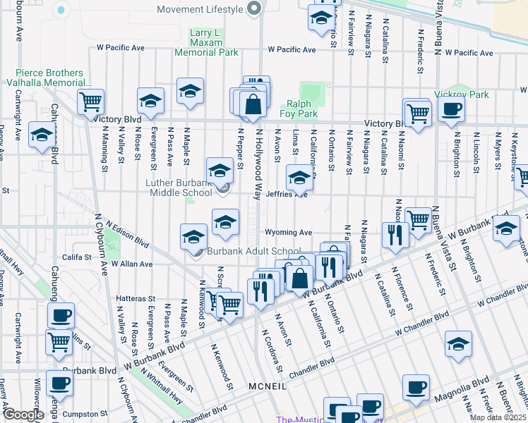 map of restaurants, bars, coffee shops, grocery stores, and more near 1637 North Avon Street in Burbank