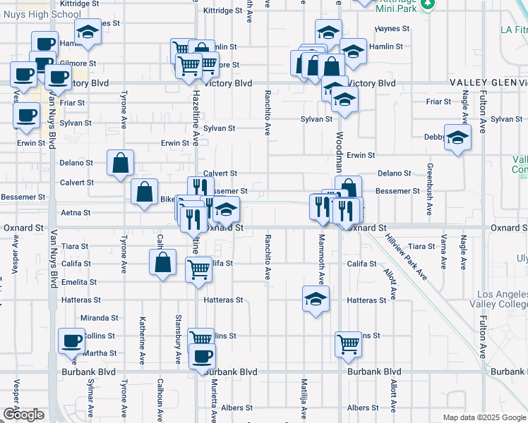 map of restaurants, bars, coffee shops, grocery stores, and more near 13855 Oxnard Street in Los Angeles