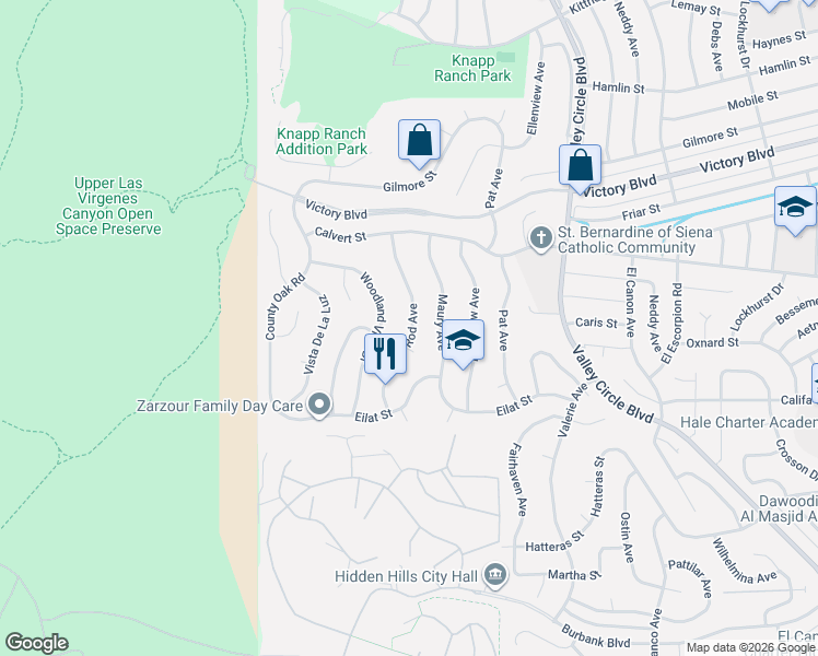 map of restaurants, bars, coffee shops, grocery stores, and more near 6030 Rod Avenue in Los Angeles