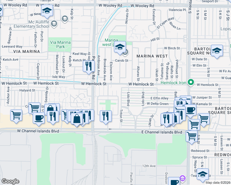 map of restaurants, bars, coffee shops, grocery stores, and more near 2731 Jill Place in Port Hueneme