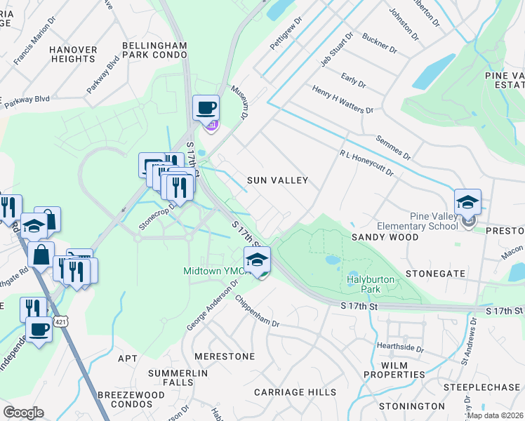 map of restaurants, bars, coffee shops, grocery stores, and more near Cross City Trail in Wilmington