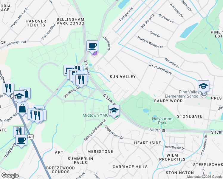 map of restaurants, bars, coffee shops, grocery stores, and more near Cross City Trail in Wilmington