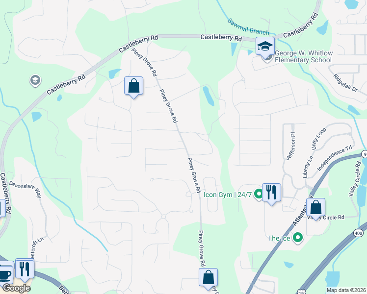 map of restaurants, bars, coffee shops, grocery stores, and more near Oak Grove Drive in Forsyth County