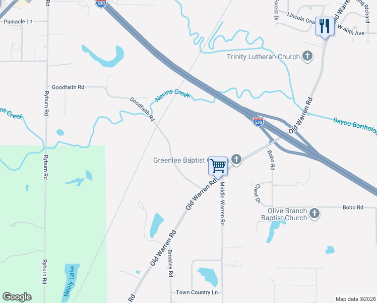 map of restaurants, bars, coffee shops, grocery stores, and more near 5000 Old Warren Road in Pine Bluff