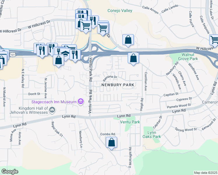 map of restaurants, bars, coffee shops, grocery stores, and more near 1302 Alessandro Drive in Thousand Oaks