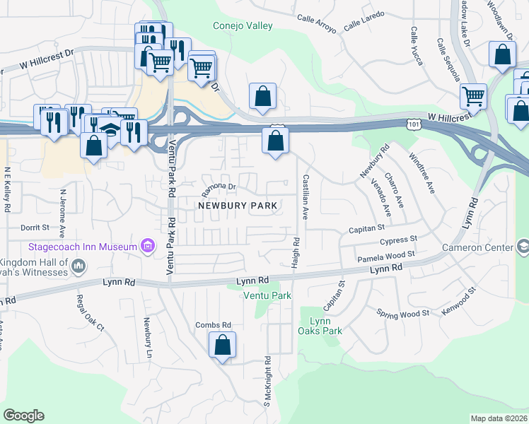 map of restaurants, bars, coffee shops, grocery stores, and more near 1095 Amberton Lane in Thousand Oaks