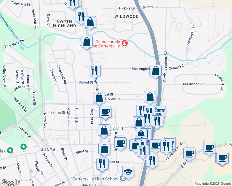 map of restaurants, bars, coffee shops, grocery stores, and more near 28 Opal Street in Cartersville