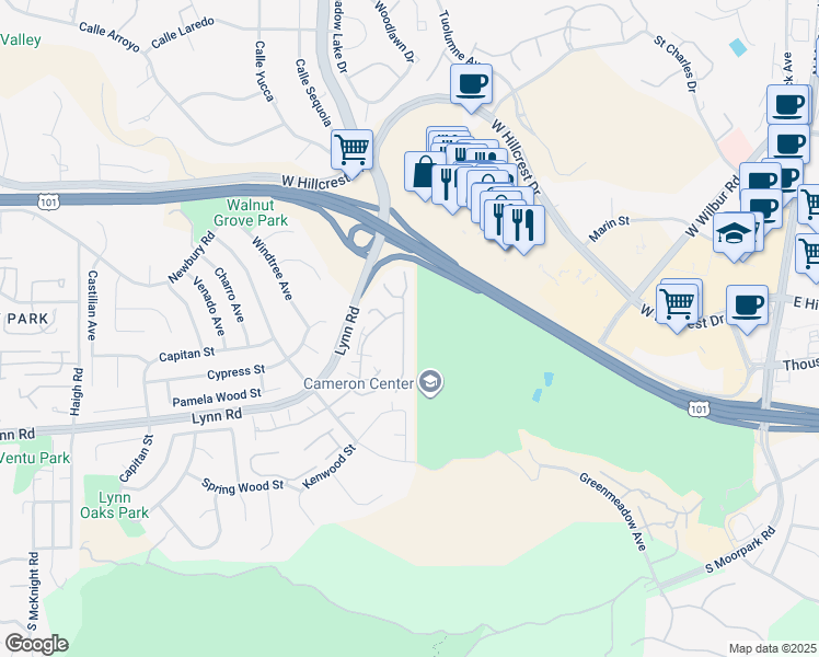 map of restaurants, bars, coffee shops, grocery stores, and more near 362 Cherry Hills Court in Thousand Oaks