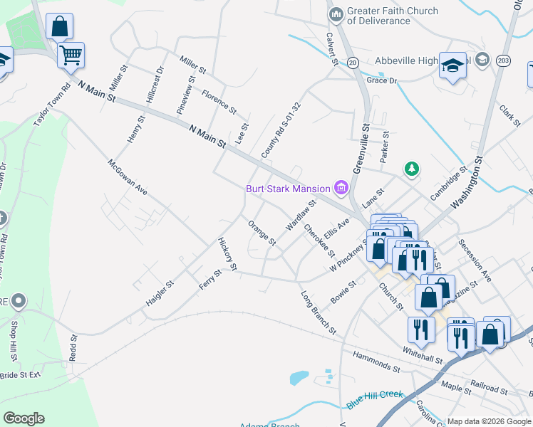 map of restaurants, bars, coffee shops, grocery stores, and more near 104 Lemon Street in Abbeville