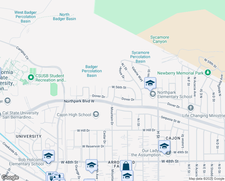 map of restaurants, bars, coffee shops, grocery stores, and more near 5582 North Mountain Drive in San Bernardino