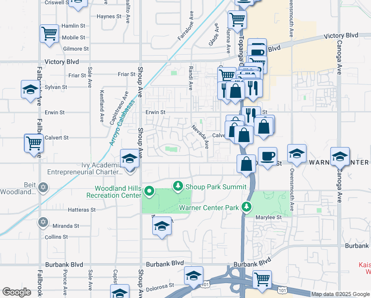 map of restaurants, bars, coffee shops, grocery stores, and more near 22221 Summit Vue Lane in Los Angeles