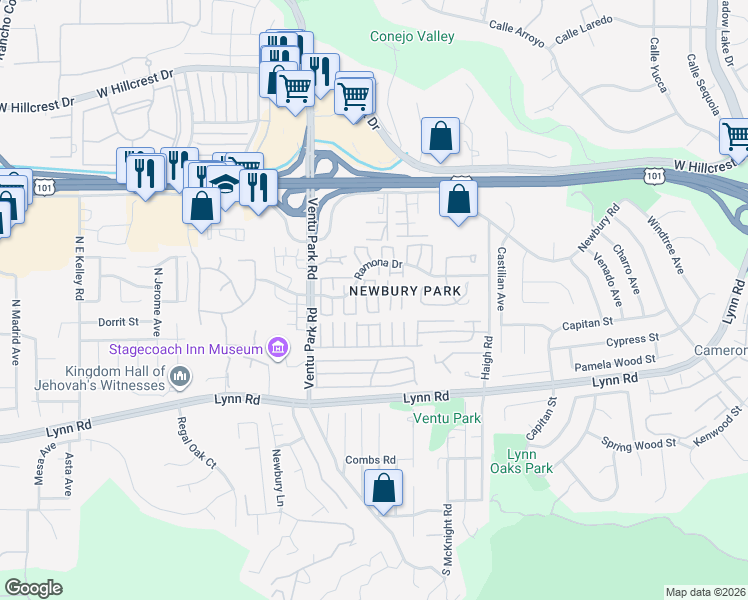 map of restaurants, bars, coffee shops, grocery stores, and more near 1302 Alessandro Drive in Thousand Oaks