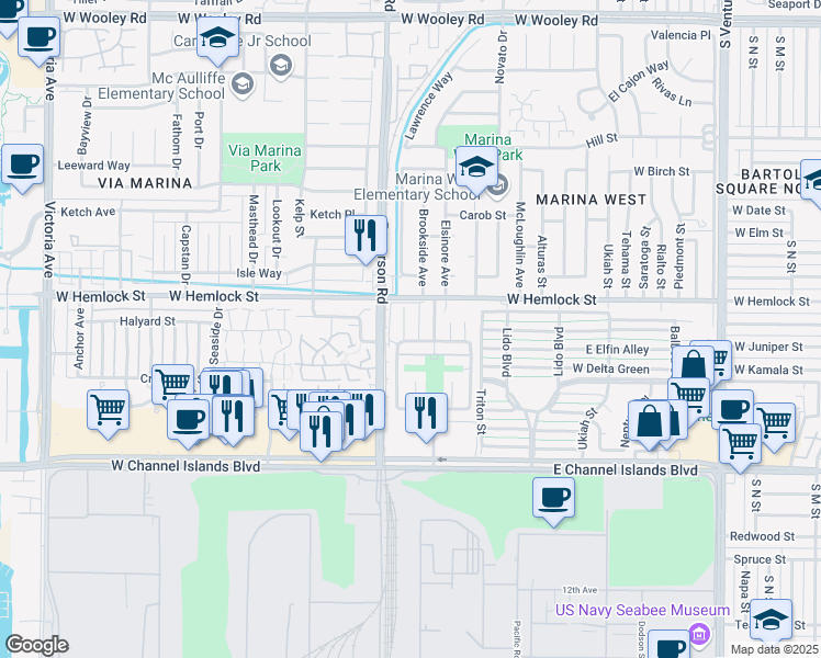 map of restaurants, bars, coffee shops, grocery stores, and more near 2716 Wendy Place in Port Hueneme