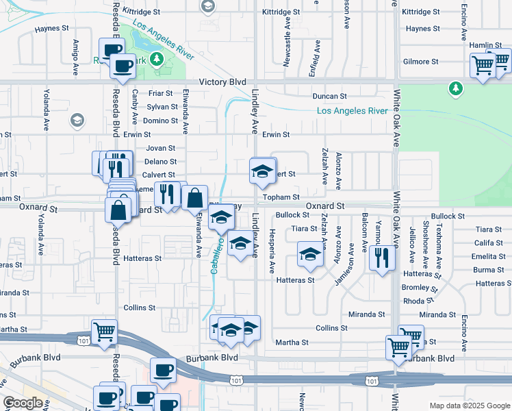 map of restaurants, bars, coffee shops, grocery stores, and more near Oxnard Street & Lindley Avenue in Los Angeles