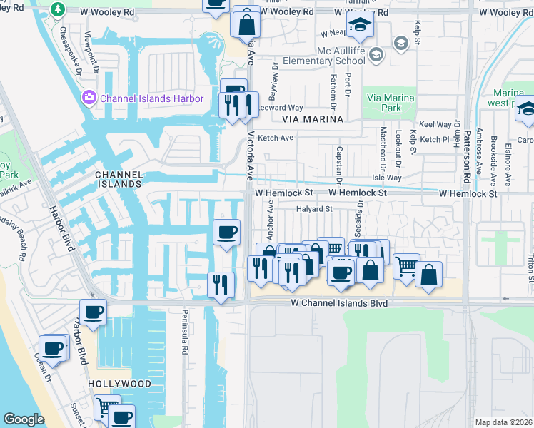map of restaurants, bars, coffee shops, grocery stores, and more near 2643 Anchor Avenue in Port Hueneme