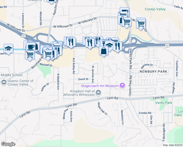 map of restaurants, bars, coffee shops, grocery stores, and more near 133 North Jerome Avenue in Thousand Oaks
