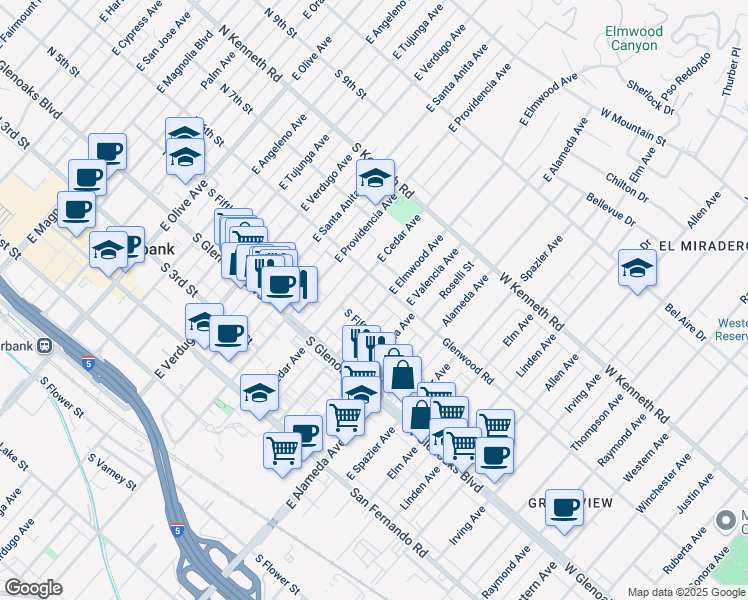 map of restaurants, bars, coffee shops, grocery stores, and more near 533 East Elmwood Avenue in Burbank