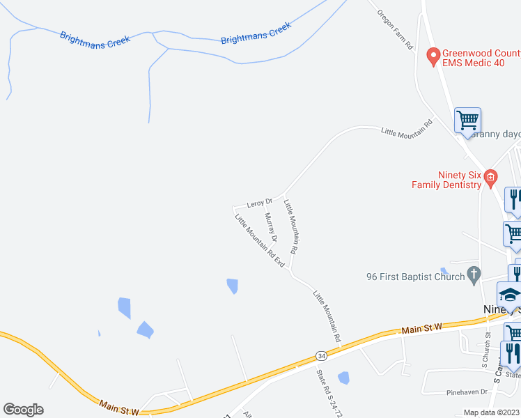 map of restaurants, bars, coffee shops, grocery stores, and more near 112 Leroy Drive in Ninety Six