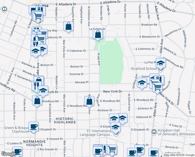 map of restaurants, bars, coffee shops, grocery stores, and more near 2031 North Hill Avenue in Altadena