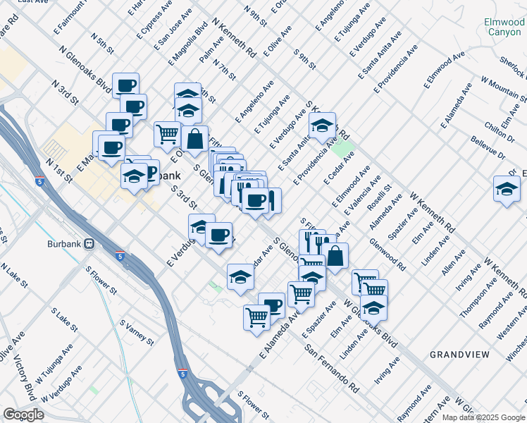 map of restaurants, bars, coffee shops, grocery stores, and more near 461 East Providencia Avenue in Burbank