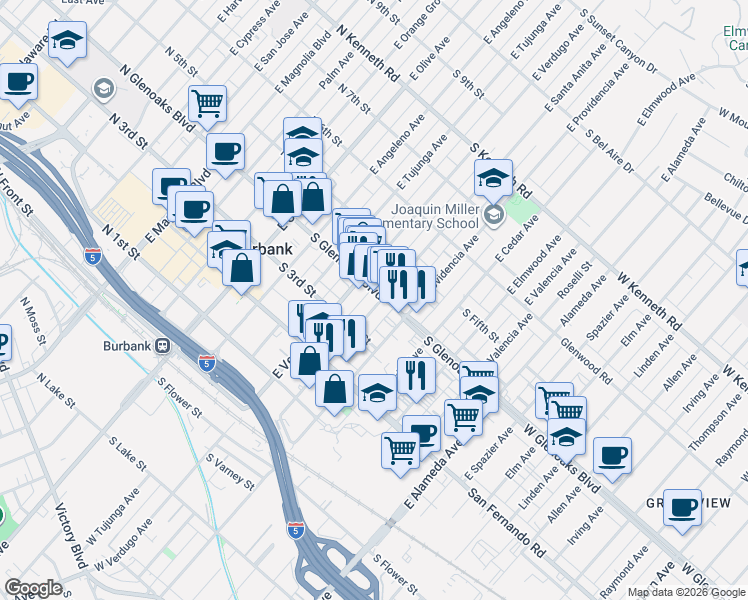 map of restaurants, bars, coffee shops, grocery stores, and more near 369 East Santa Anita Avenue in Burbank