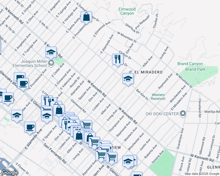 map of restaurants, bars, coffee shops, grocery stores, and more near 1329 Linden Avenue in Glendale