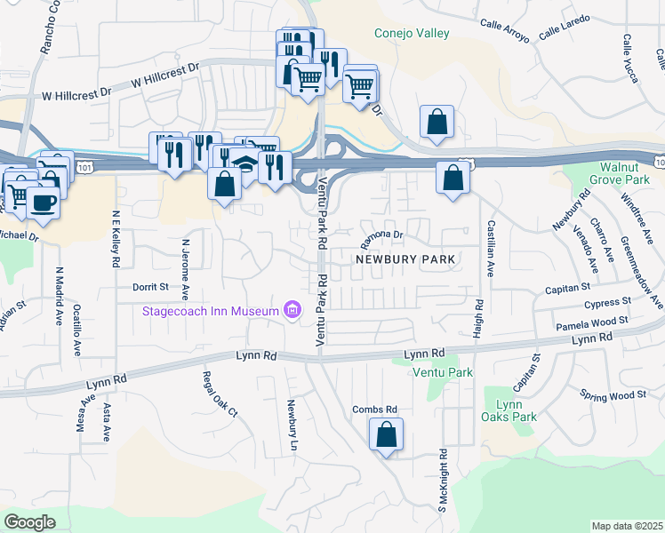 map of restaurants, bars, coffee shops, grocery stores, and more near 1428 Ramona Drive in Thousand Oaks