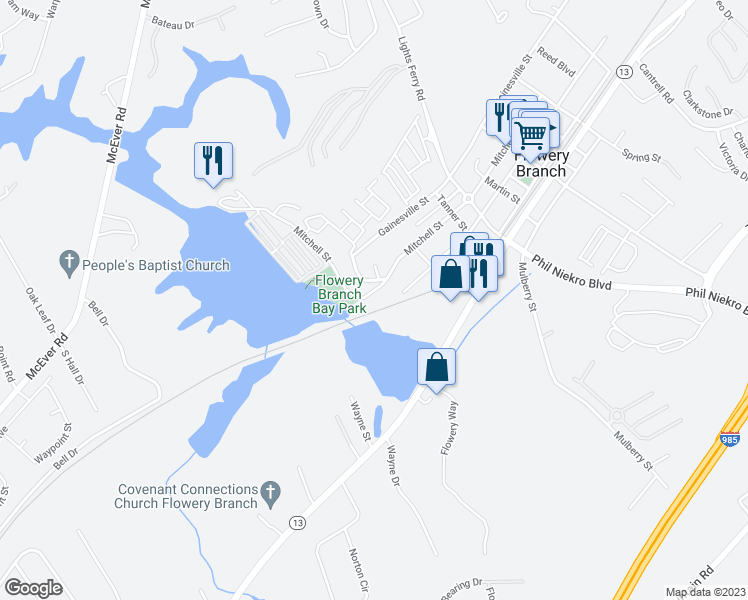 map of restaurants, bars, coffee shops, grocery stores, and more near 6109 Mitchell Street in Flowery Branch