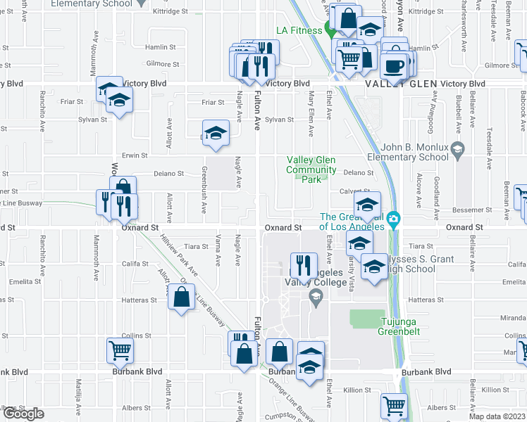 map of restaurants, bars, coffee shops, grocery stores, and more near 6028 Fulton Avenue in Los Angeles