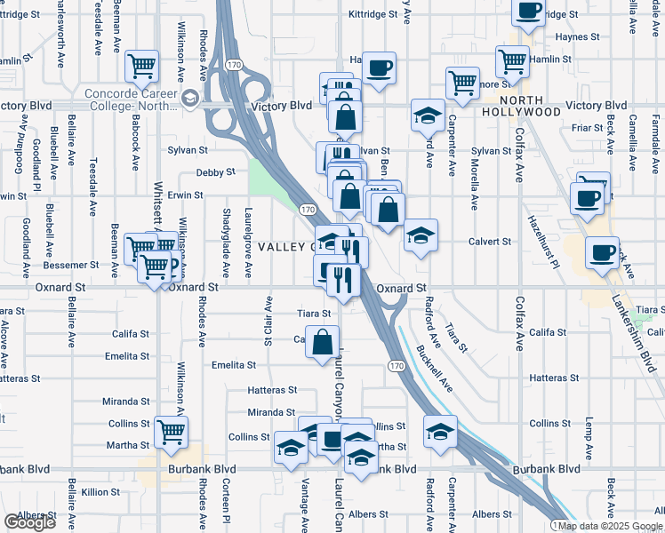 map of restaurants, bars, coffee shops, grocery stores, and more near 6041 Laurel Canyon Boulevard in Los Angeles