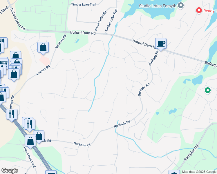 map of restaurants, bars, coffee shops, grocery stores, and more near 1225 Spring Oak Way in Cumming