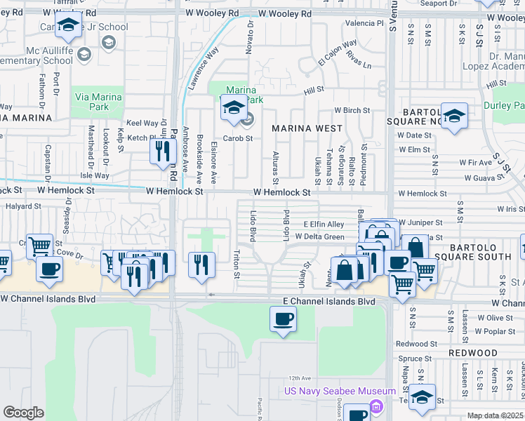 map of restaurants, bars, coffee shops, grocery stores, and more near 66 West Garden Green in Port Hueneme