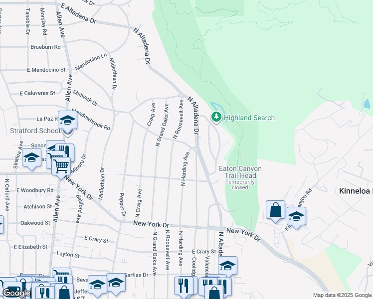 map of restaurants, bars, coffee shops, grocery stores, and more near 2494 Glen Canyon Road in Altadena