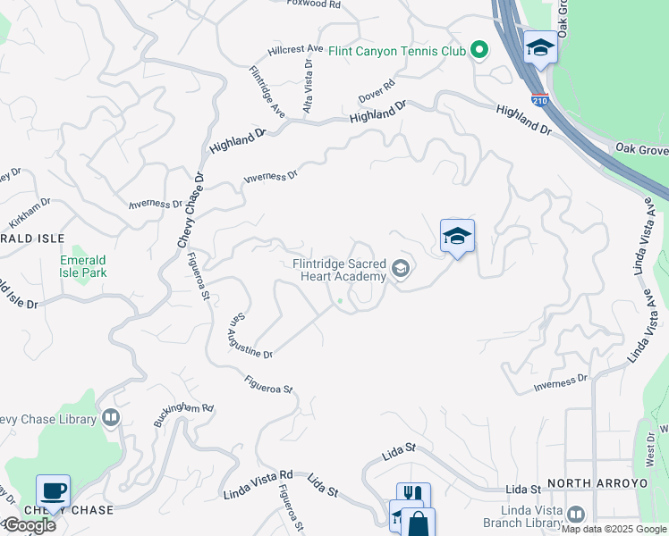 map of restaurants, bars, coffee shops, grocery stores, and more near 727 Waldorf Road in La Cañada Flintridge