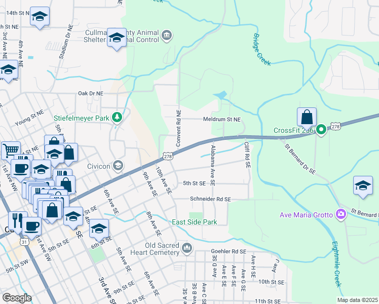 map of restaurants, bars, coffee shops, grocery stores, and more near 1310 3rd Street Southeast in Cullman