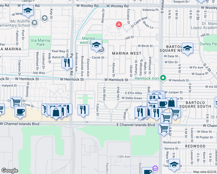 map of restaurants, bars, coffee shops, grocery stores, and more near 62 West Garden Green in Port Hueneme