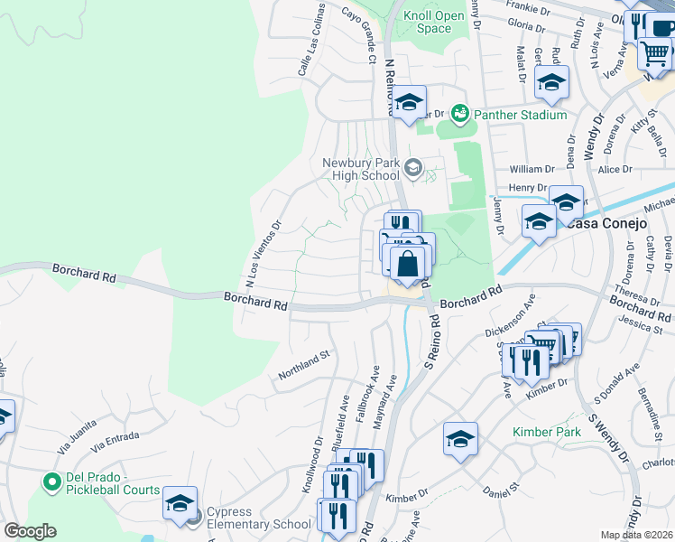 map of restaurants, bars, coffee shops, grocery stores, and more near 3847 San Marcos Court in Thousand Oaks