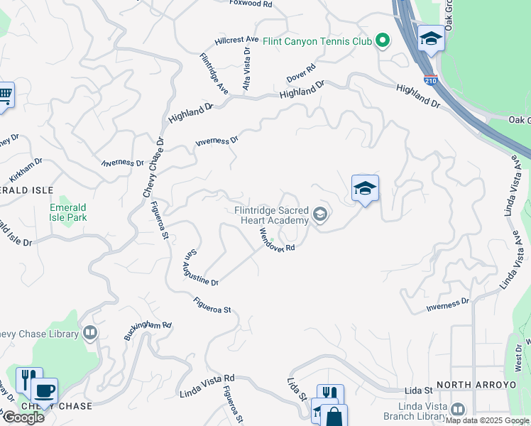map of restaurants, bars, coffee shops, grocery stores, and more near 727 Waldorf Road in La Cañada Flintridge