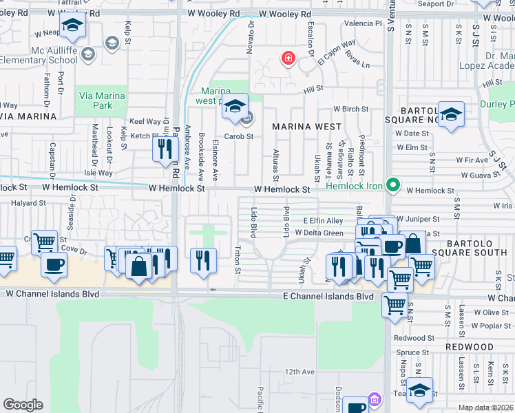 map of restaurants, bars, coffee shops, grocery stores, and more near 82 West Garden Green in Port Hueneme