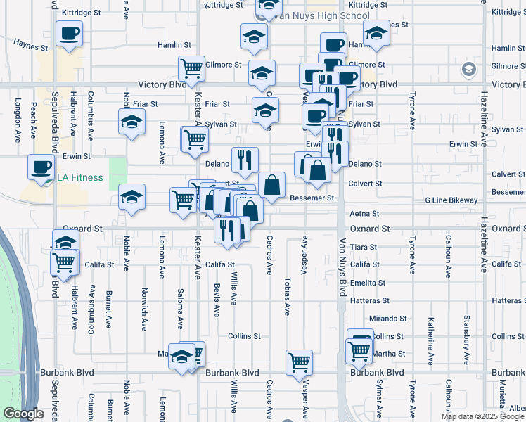 map of restaurants, bars, coffee shops, grocery stores, and more near 14715 Oxnard Street in Los Angeles