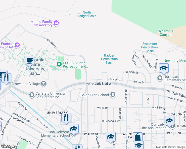 map of restaurants, bars, coffee shops, grocery stores, and more near 5561 Western Avenue in San Bernardino