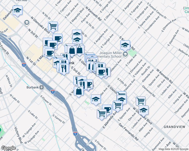 map of restaurants, bars, coffee shops, grocery stores, and more near East Santa Anita Avenue in Burbank